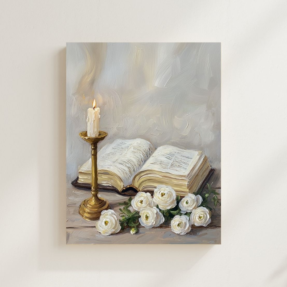 Everlasting Love Christian wall art modern by Christian artist celebrating Jesus’ love. Painting of an open book, candle, and flowers on a textured surface.