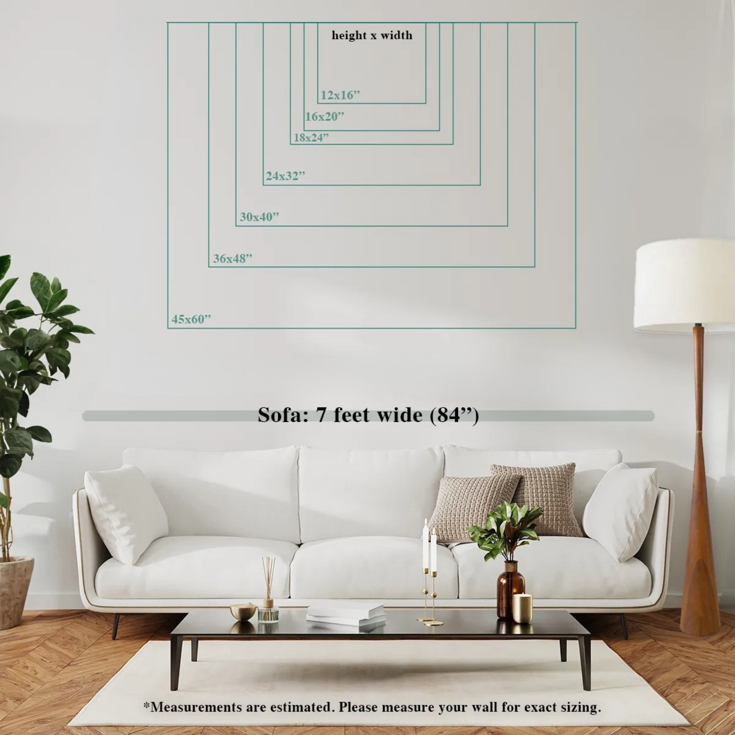 Christian wall art size guide showing canvas and paper print dimensions for small to large frames.