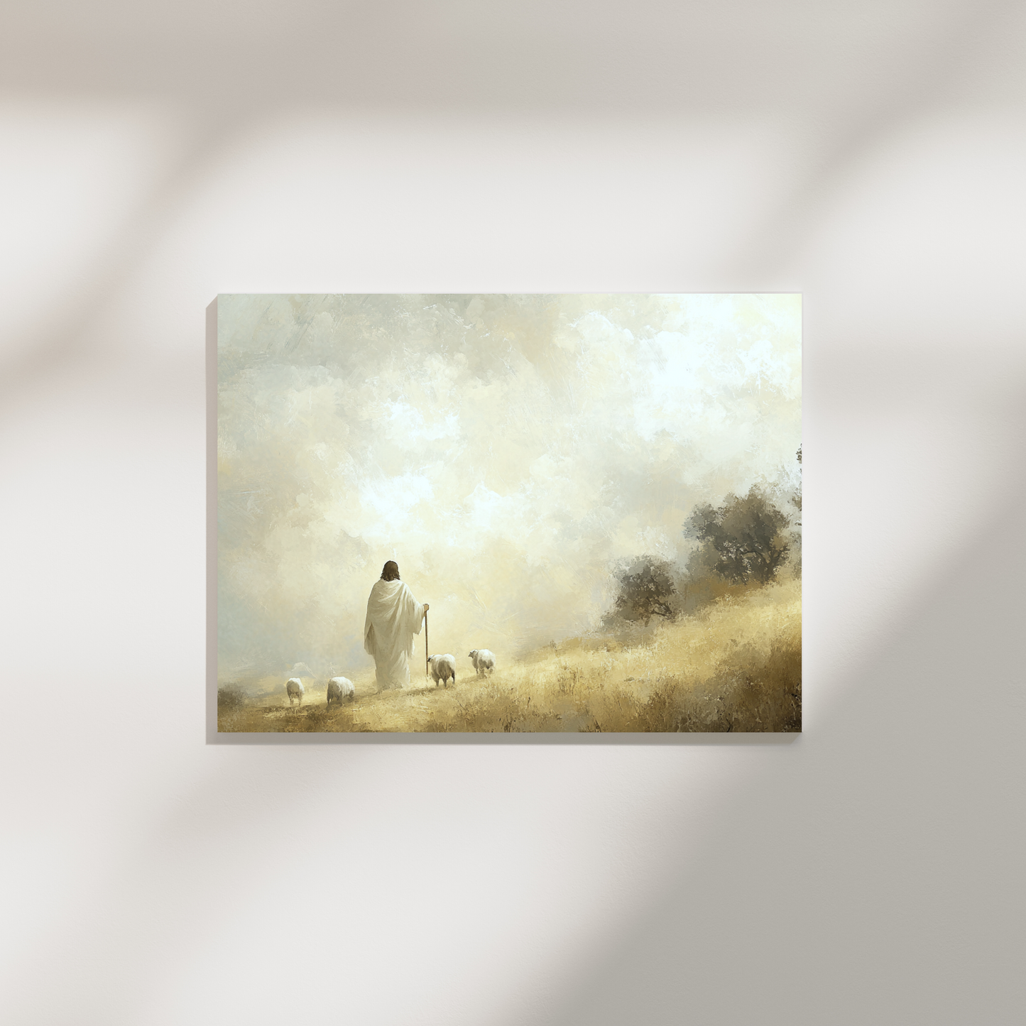 The Good Shepherd – modern Christian wall art by a Christian artist portraying Jesus as the caring Shepherd who guides His flock.