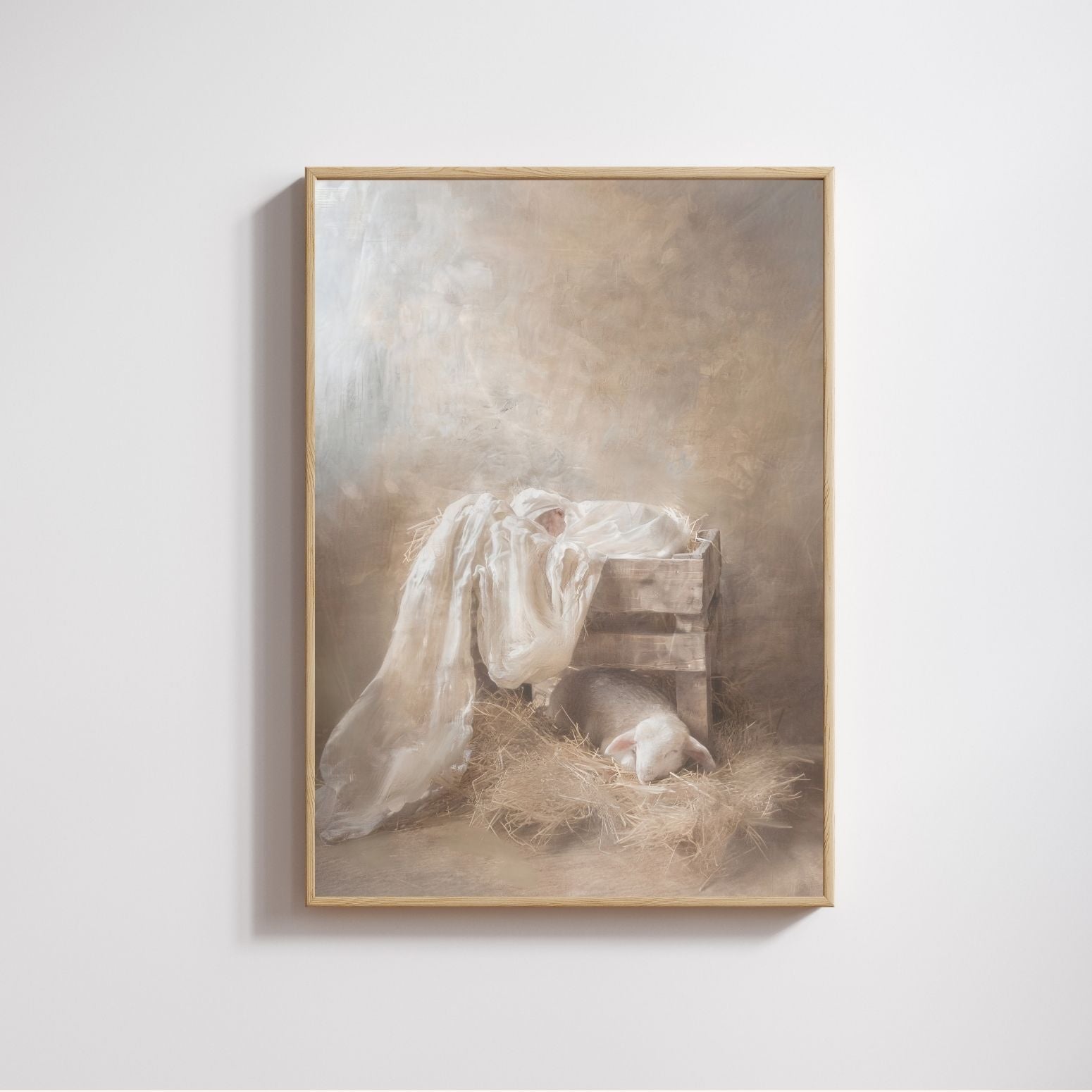 Framed painting of a classical scene with draped figures on a white wall. Christian Christmas artwork made by a christian artist. Nativity scene artwork.