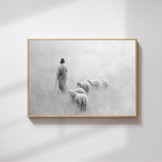 Framed artwork of a shepherd with sheep on a misty background.  Gentle Shepherd B&W Christian art modern, Jesus’ compassion, black and white wall print.