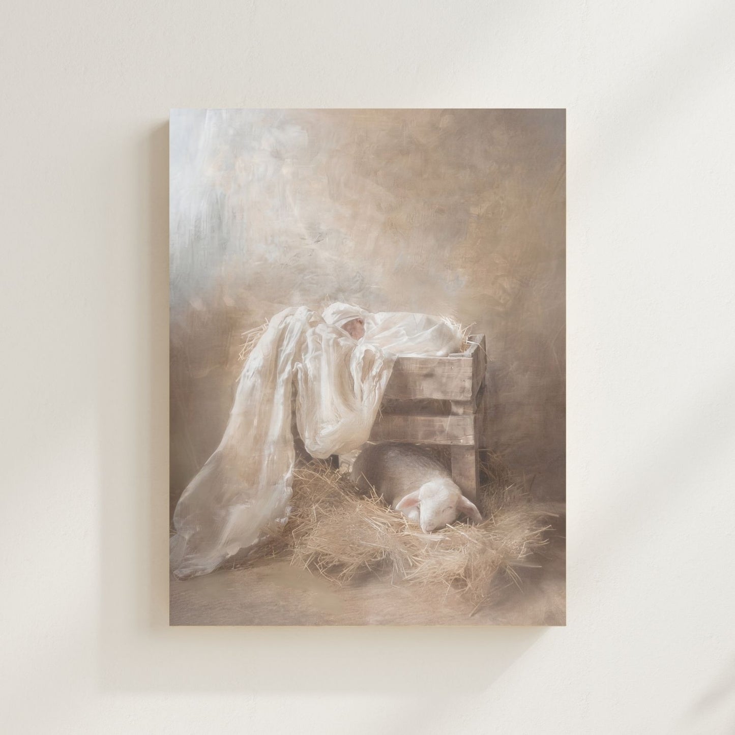 Artistic depiction of a crib with a baby and angel, surrounded by soft lighting and textures. Christian Christmas artwork made by a christian artist. Nativity scene artwork.