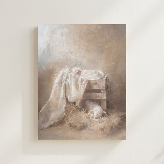 Artistic depiction of a crib with a baby and angel, surrounded by soft lighting and textures. Christian Christmas artwork made by a christian artist. Nativity scene artwork.