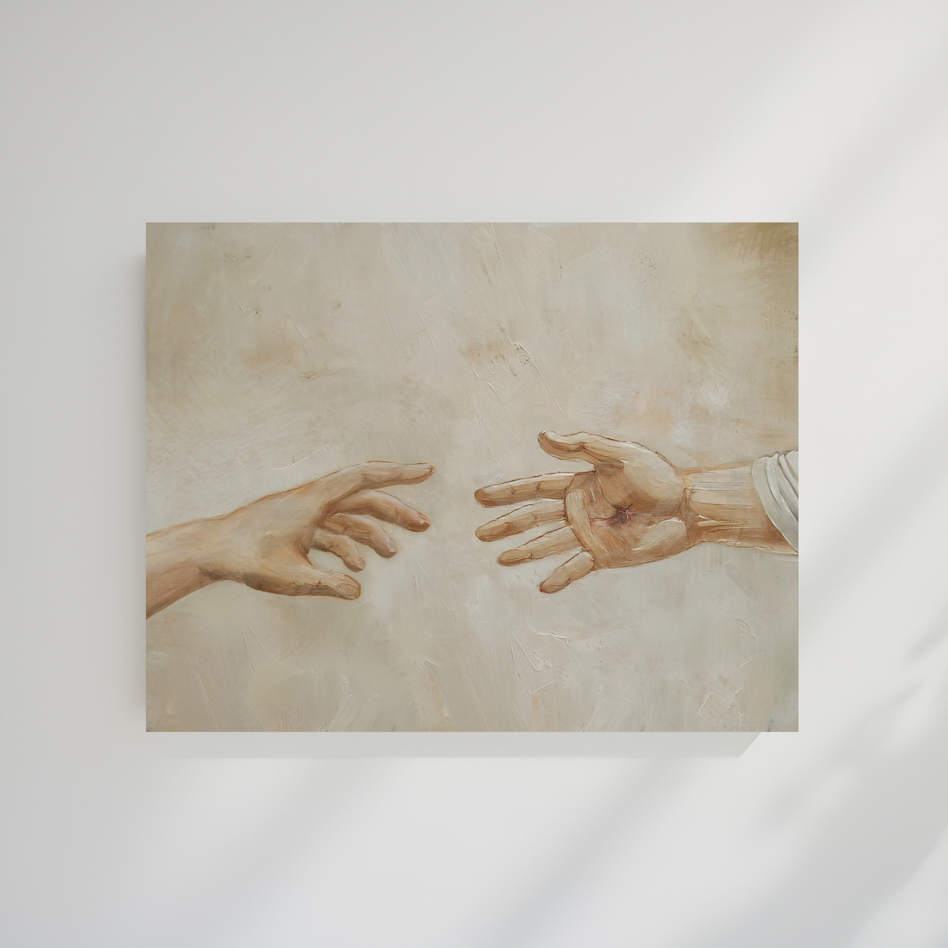 Framed artwork of two hands reaching towards each other on a beige background. Reaching Out Christian wall art by Christian artist showing Jesus’ healing touch, modern faith print.