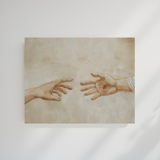 Framed artwork of two hands reaching towards each other on a beige background. Reaching Out Christian wall art by Christian artist showing Jesus’ healing touch, modern faith print.