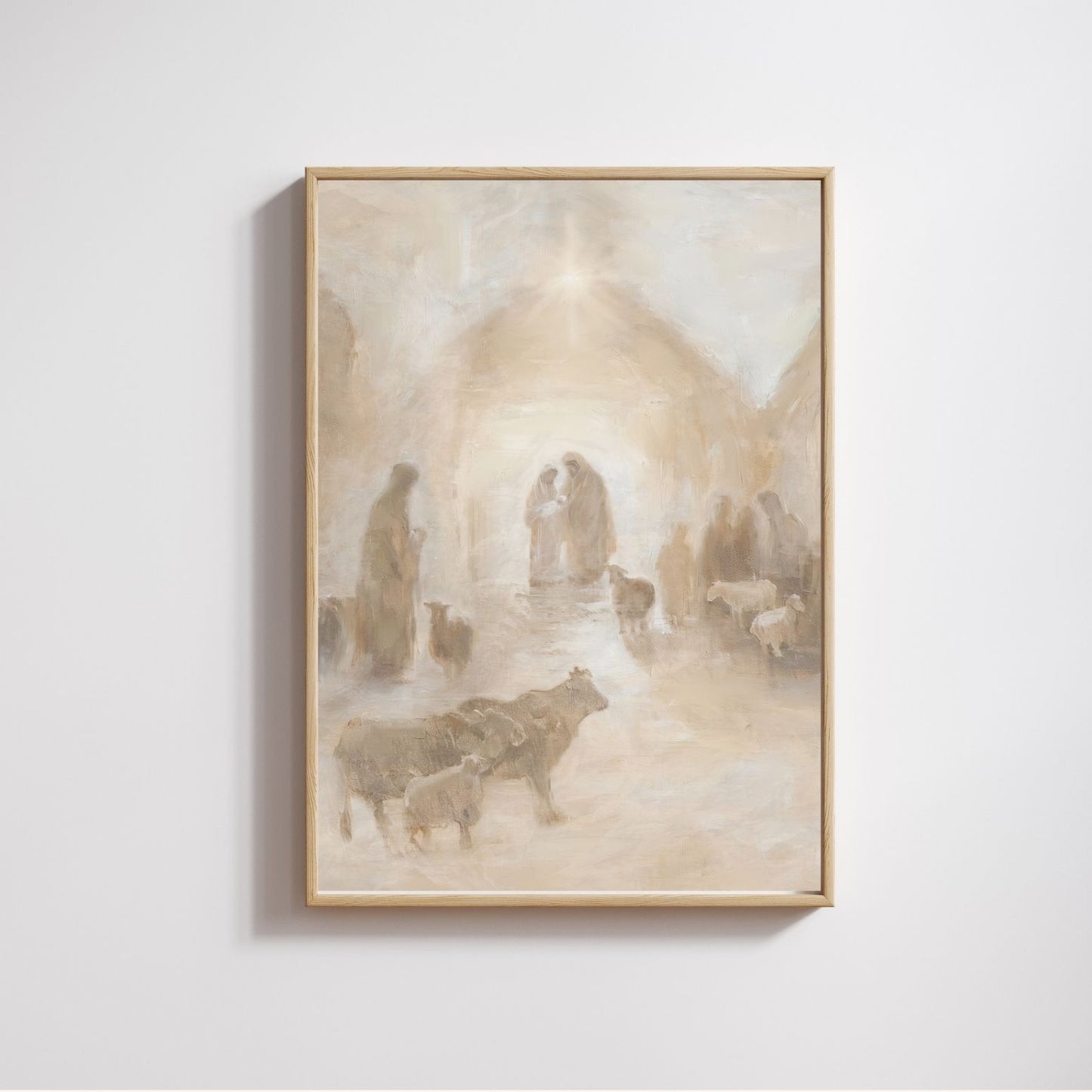 Framed artwork of a pastoral scene with animals on a white wall. Canvas print of a historical scene in front of a decorated Christmas tree. Christian Christmas artwork made by a christian artist. Nativity scene artwork.
