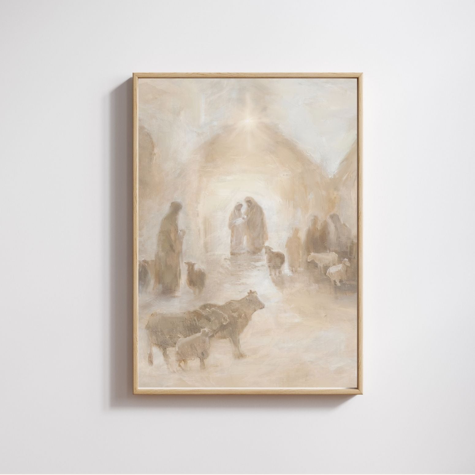 Framed artwork of a pastoral scene with animals on a white wall. Canvas print of a historical scene in front of a decorated Christmas tree. Christian Christmas artwork made by a christian artist. Nativity scene artwork.