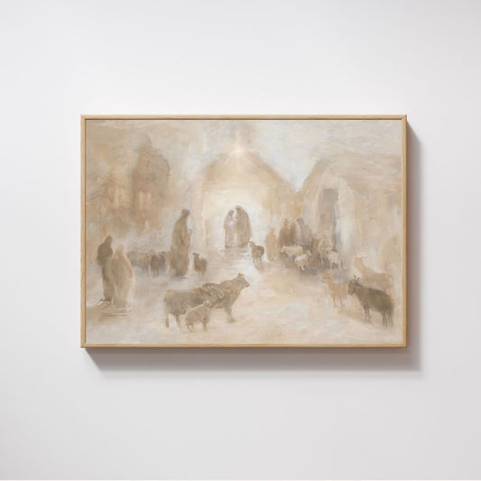 Framed artwork depicting a scene with people and animals on a white wall. Canvas print of a historical scene in front of a decorated Christmas tree. Christian Christmas artwork made by a christian artist. Nativity scene artwork.