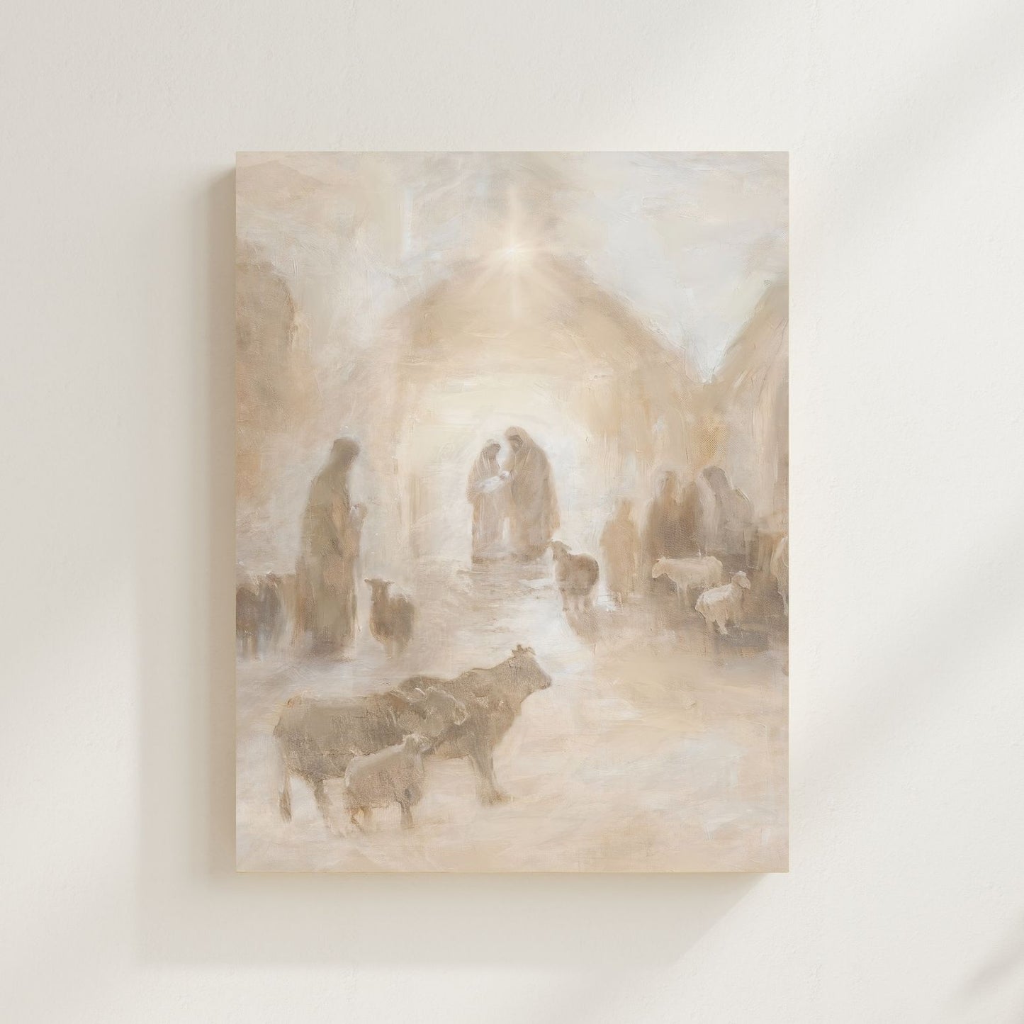 Artistic depiction of a religious scene with figures and animals in a cathedral setting on a light background. Christian Christmas artwork made by a christian artist. Nativity scene artwork.
