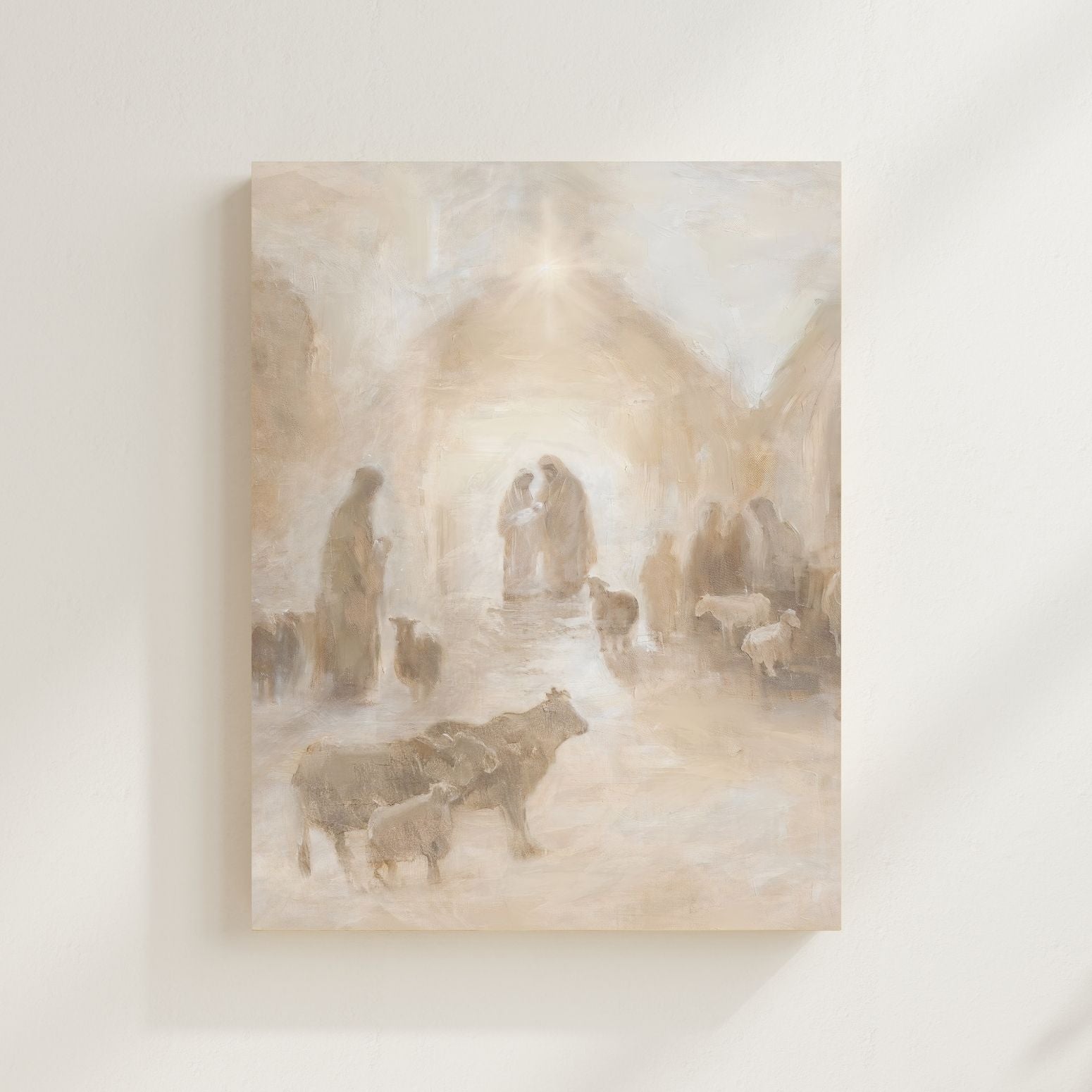 Artistic depiction of a religious scene with figures and animals in a cathedral setting on a light background. Christian Christmas artwork made by a christian artist. Nativity scene artwork.