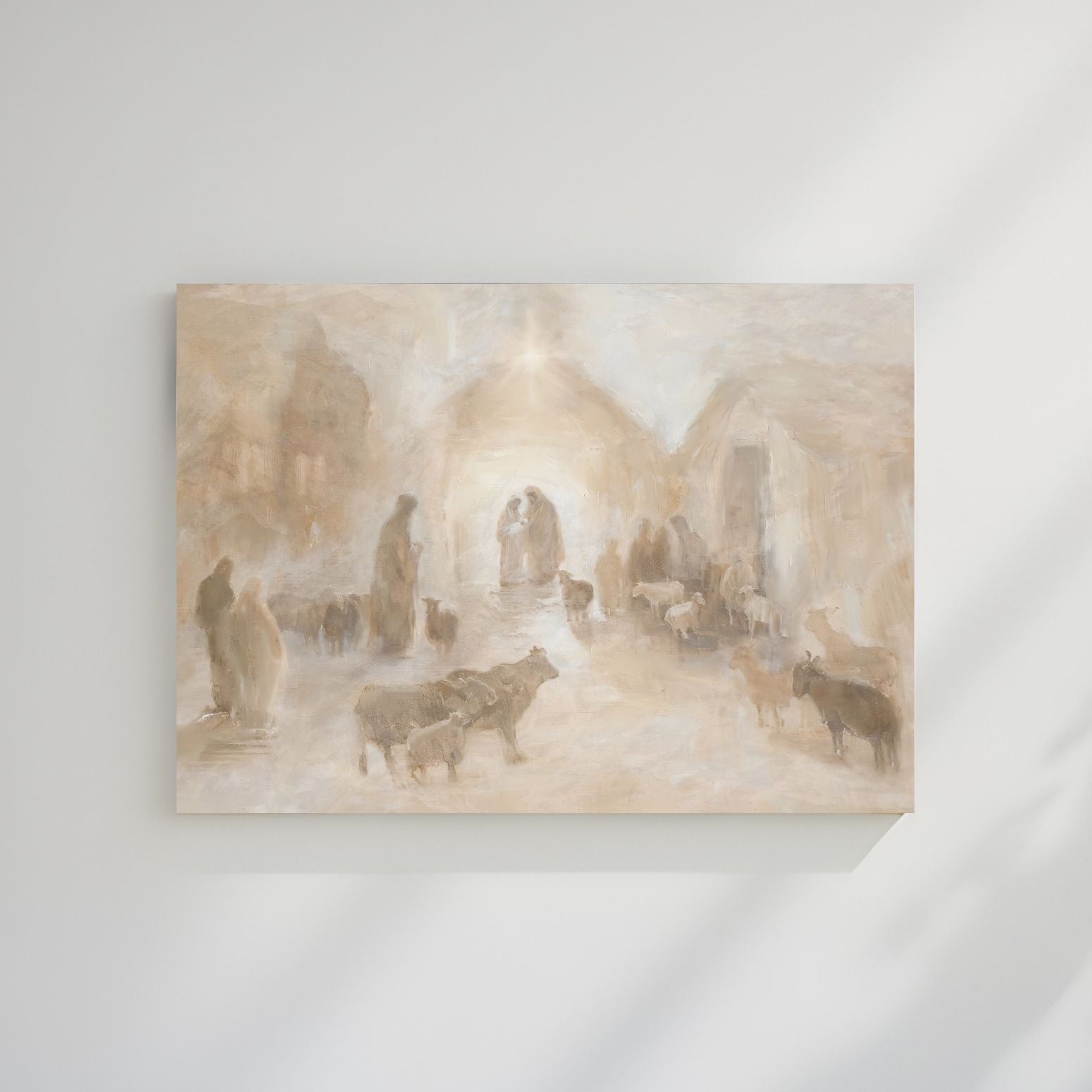 Canvas print of a historical scene with people and animals on a plain wall. Canvas print of a historical scene in front of a decorated Christmas tree. Christian Christmas artwork made by a christian artist. Nativity scene artwork.