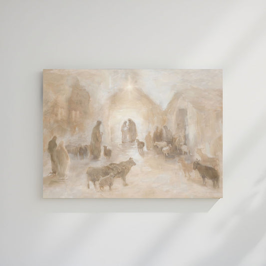Canvas print of a historical scene with people and animals on a plain wall. Canvas print of a historical scene in front of a decorated Christmas tree. Christian Christmas artwork made by a christian artist. Nativity scene artwork.