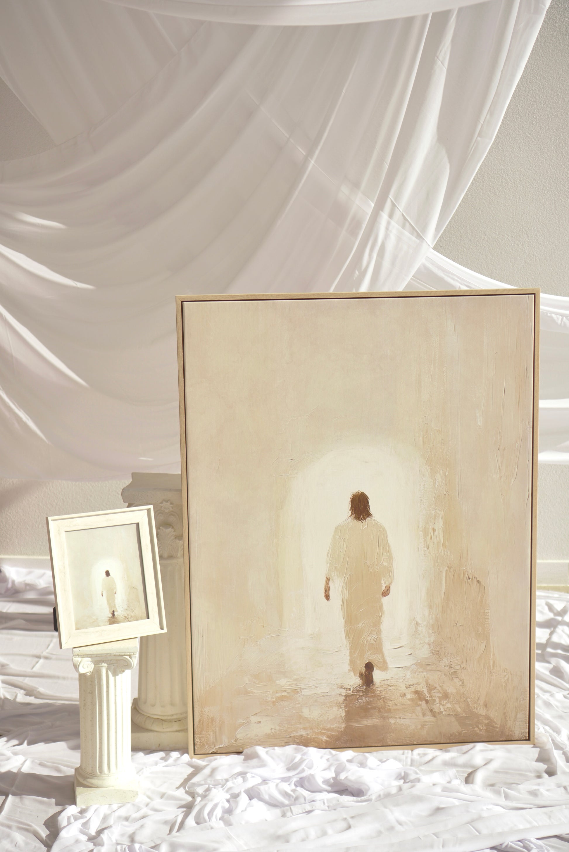 Framed artwork of a person walking towards light on a white background. Risen Christian wall art modern by Christian artist celebrating Jesus’ resurrection, faith-filled print.