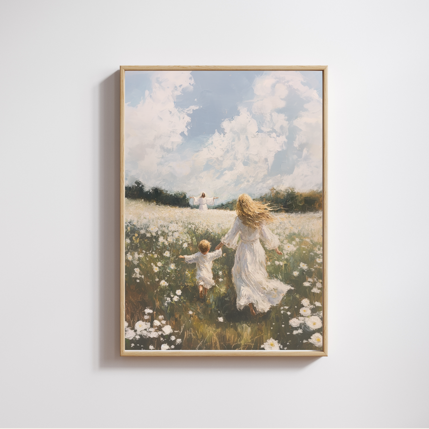 A canvas print featuring a painting of a woman and a child running in a field with white flowers, with a clear blue sky in the background. Following Him Canvas modern Christian wall art by Christian artist, walking with Jesus in faith.