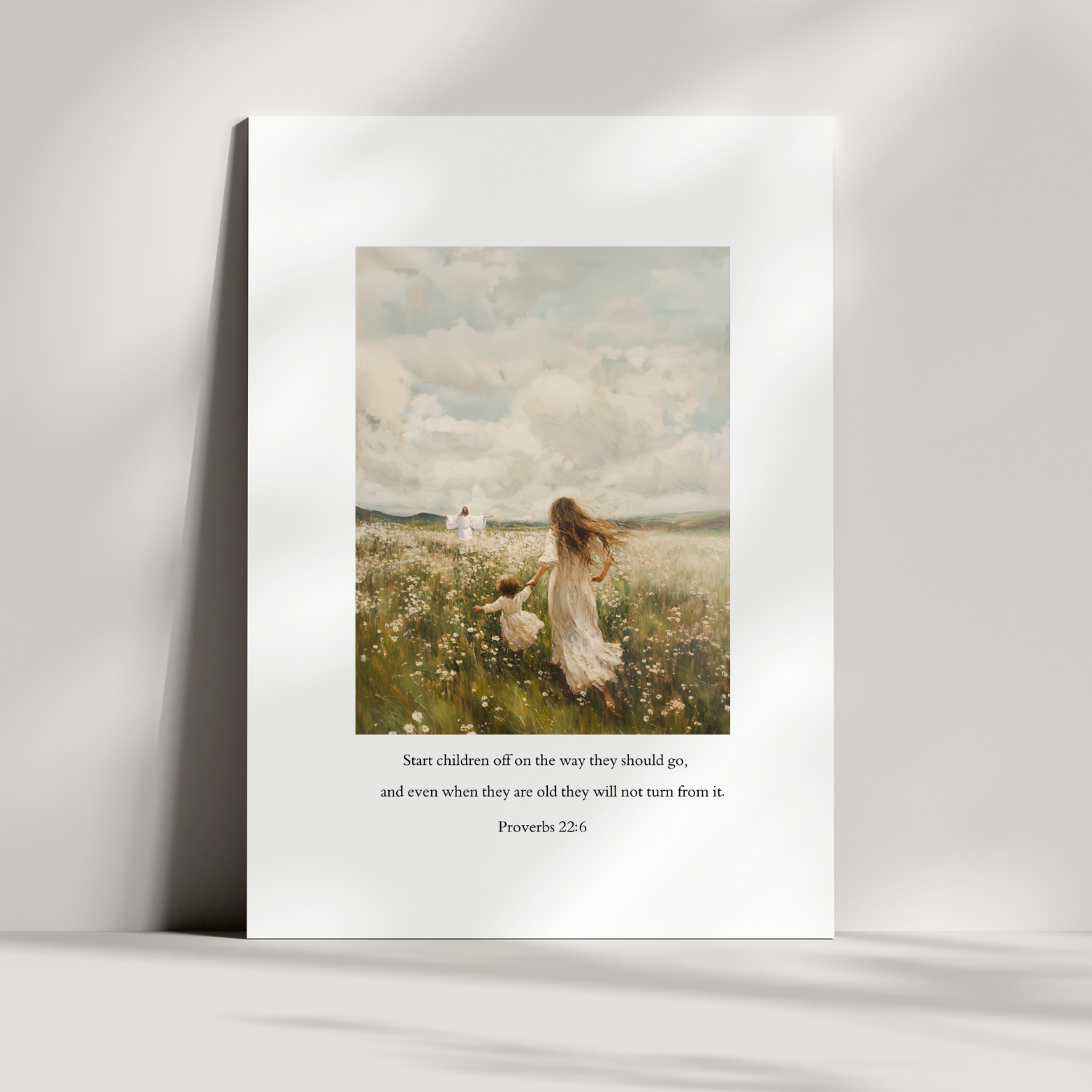 A framed print featuring a Proverbs 22:6 Bible verse, with a vintage-styled painting of a woman and a child in a field. Proverbs 31 V2 Christian art modern by Christian artist honoring godly womanhood.
