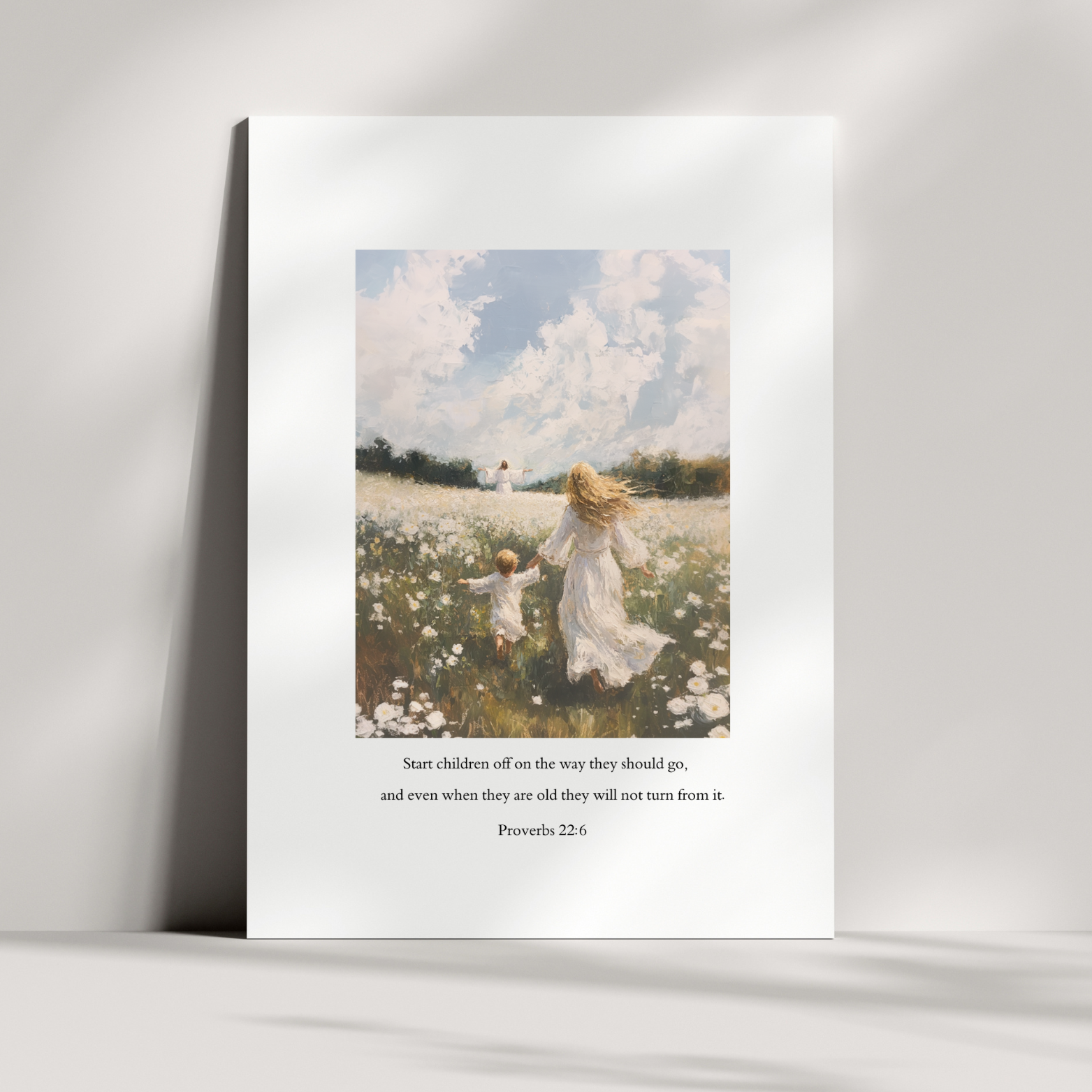 A vertical premium print with a painting of a person running in a field, with a quote from Proverbs 22:6, placed on a white surface. Proverbs 31 V2 Christian art modern by Christian artist honoring godly womanhood.