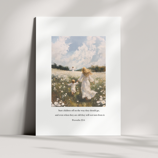 A vertical premium print with a painting of a person running in a field, with a quote from Proverbs 22:6, placed on a white surface. Proverbs 31 V2 Christian art modern by Christian artist honoring godly womanhood.