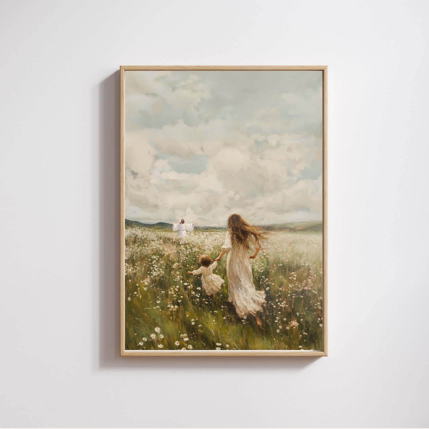 A canvas print featuring a vintage-styled painting with a child following a rabbit in a field, with a clear blue sky above. Following Him Canvas modern Christian wall art by Christian artist, walking with Jesus in faith.