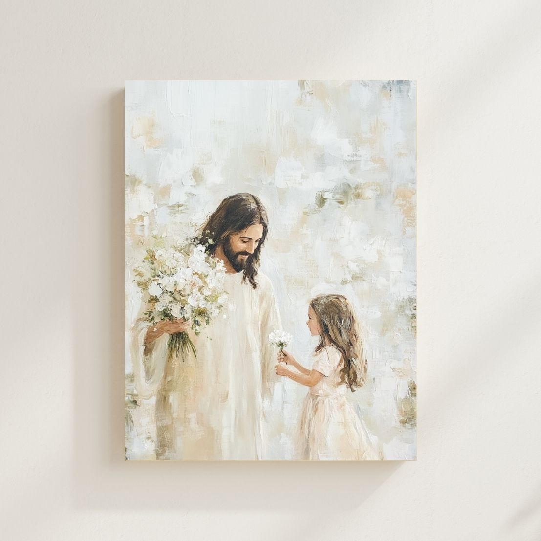 Canvas print of a religious scene with a figure and a child holding flowers on a white background. His Beloved Christian wall art modern, reminding believers of identity in Christ’s love.