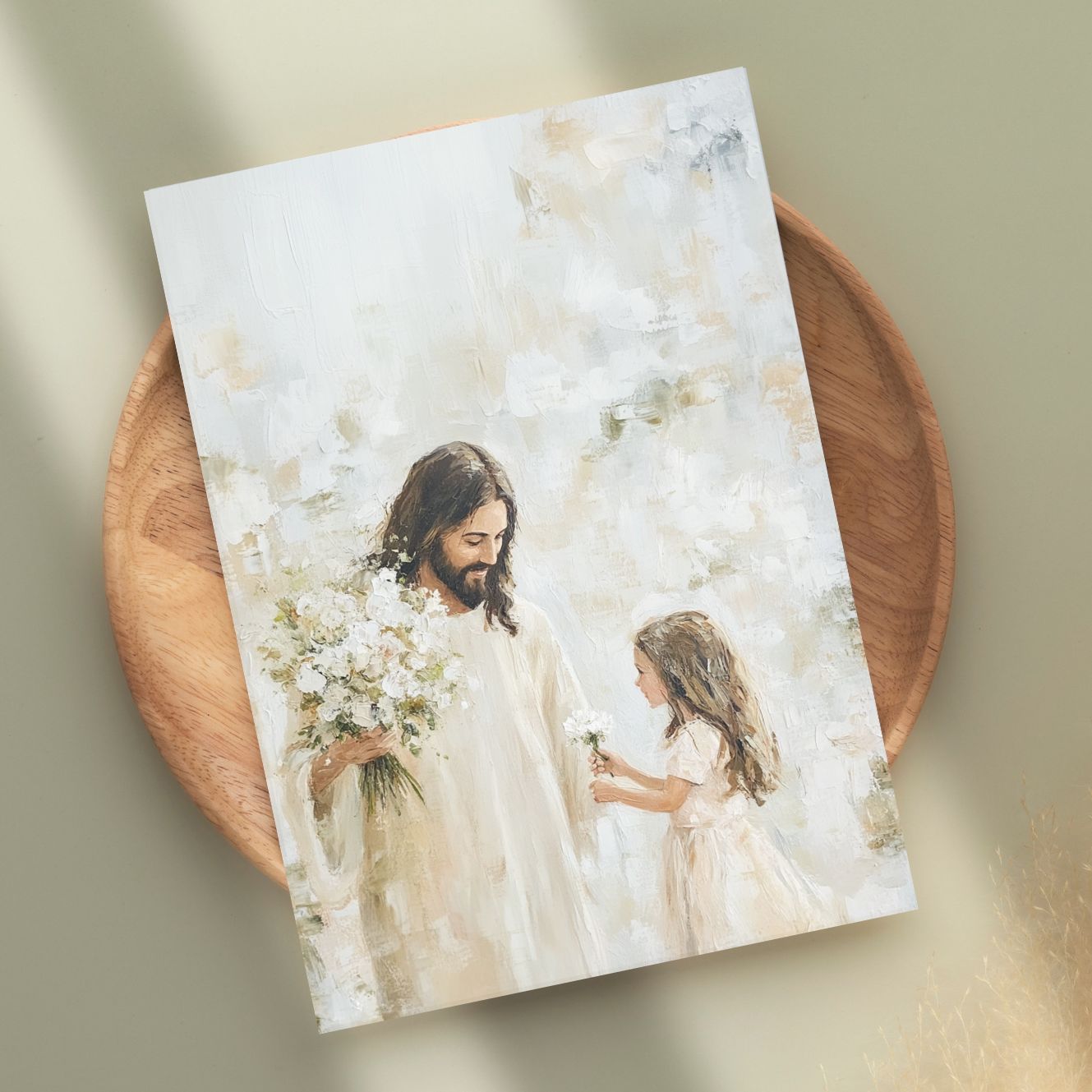 Card with illustration of a man and a child holding flowers on a wooden plate. His Beloved Christian wall art modern, reminding believers of identity in Christ’s love.