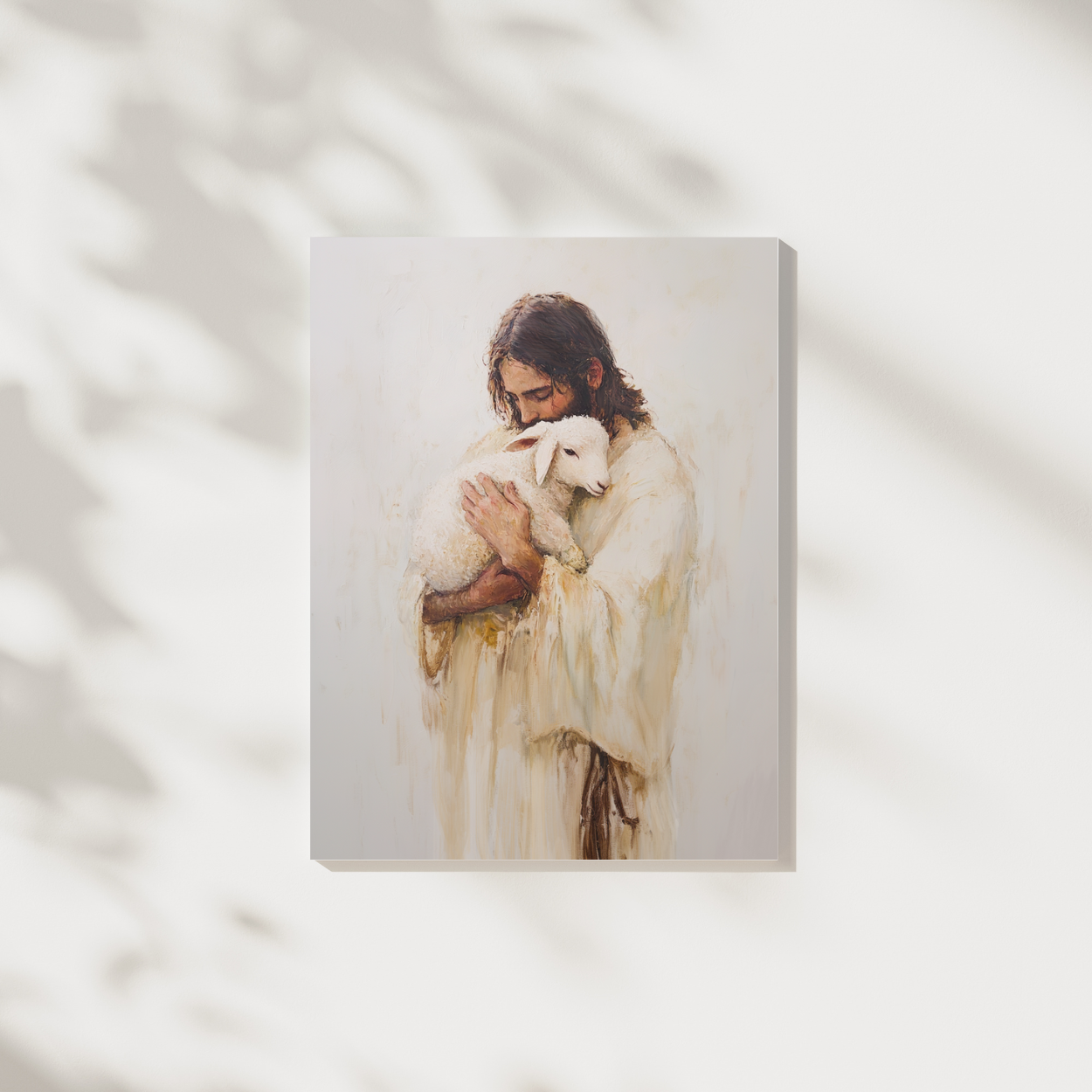 Carried by Him Christian wall art modern, Jesus carrying sheep, faith-filled artwork. Painting of Jesus holding a lamb against a light background.