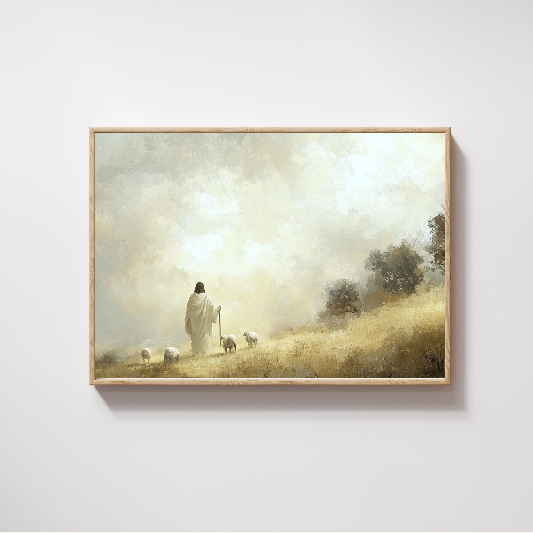 The Good Shepherd Print Christian wall art modern depicting Jesus as caring Shepherd.