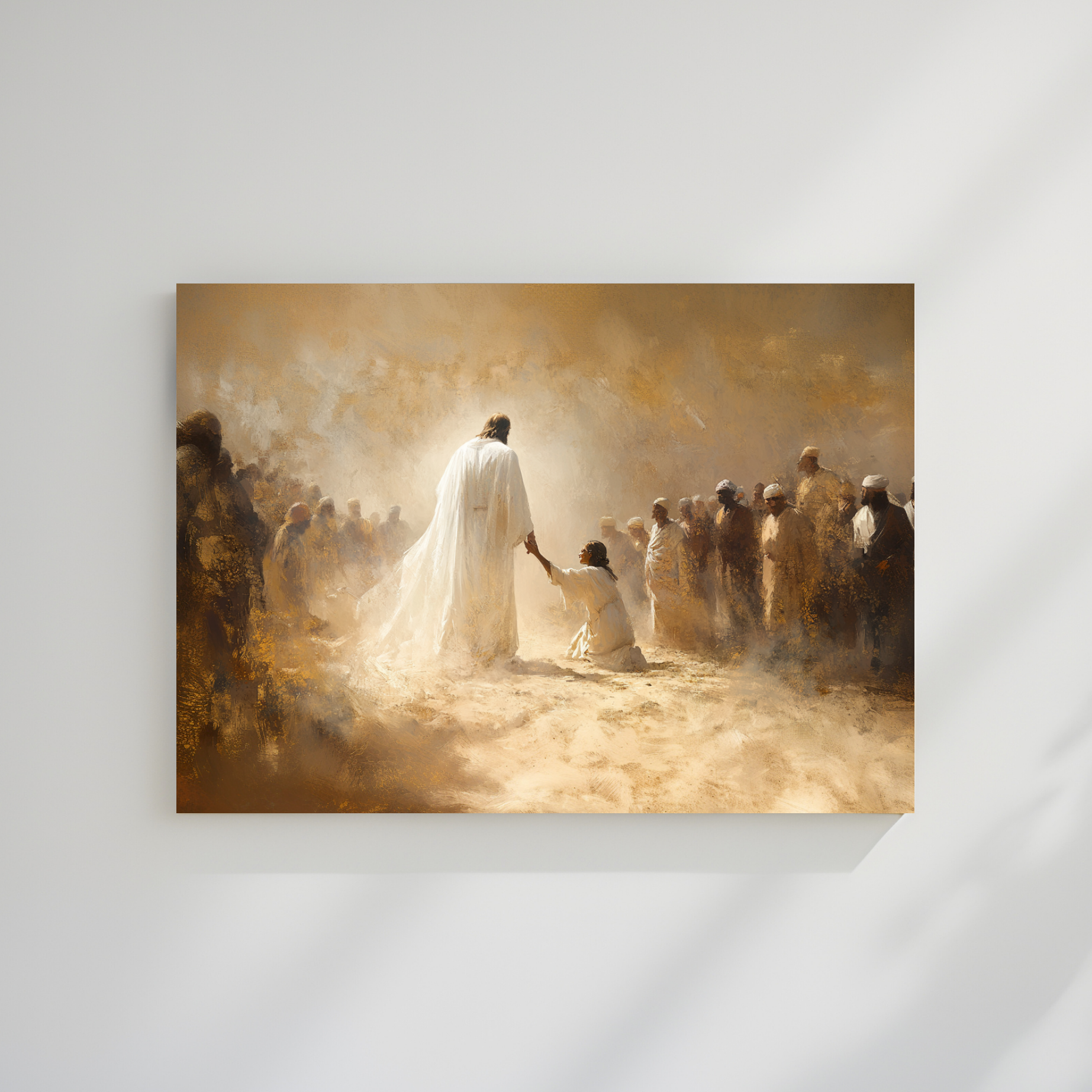 A framed print depicting a vintage-styled painting with religious themes, showing a figure in white robes extending a hand to another figure on the ground, surrounded by a group of people. Just One Touch Print modern Christian wall art of Jesus’ healing power, faith-filled art.