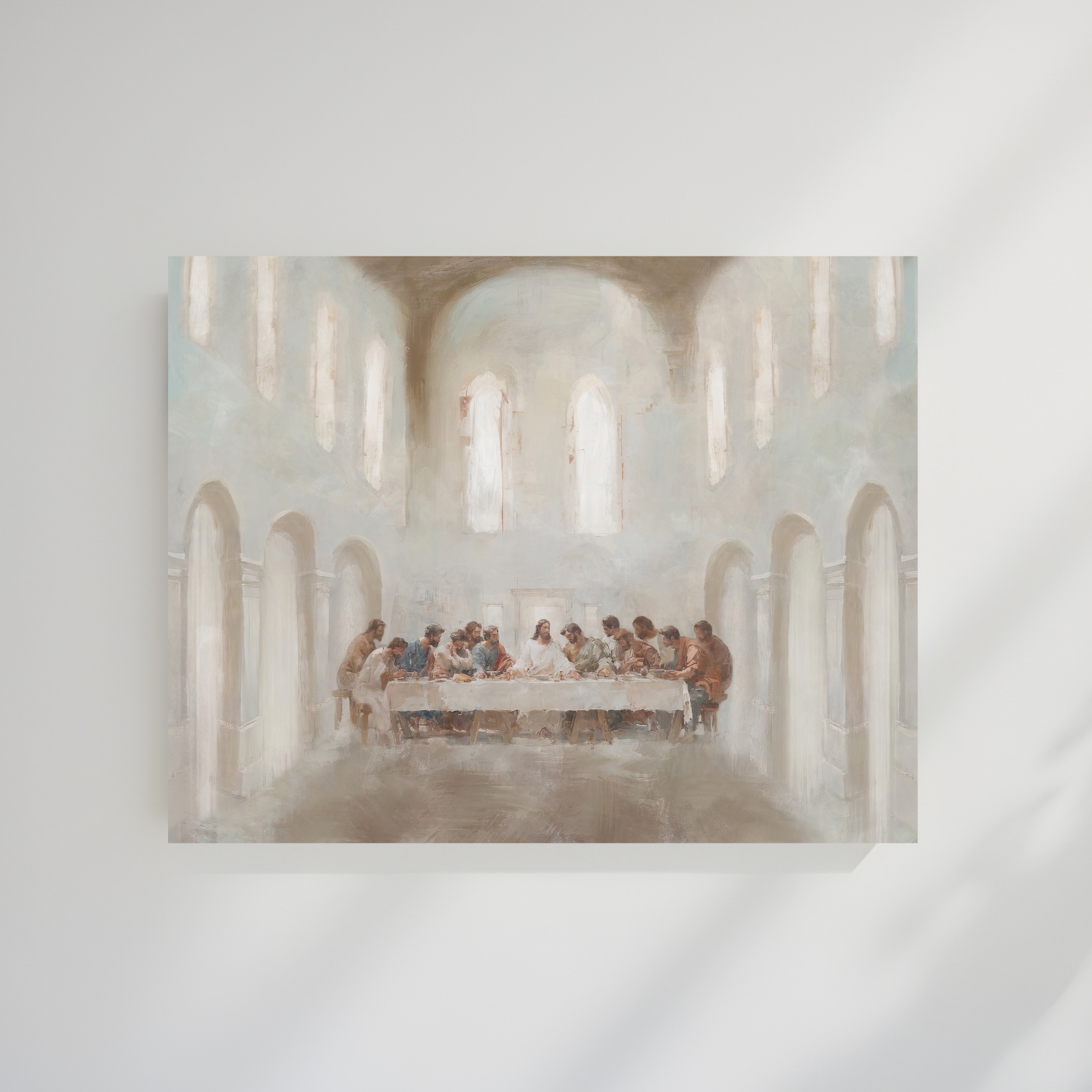 Artistic depiction of 'The Last Supper' with a modern architectural background. The Last Supper Christian wall art modern by Christian artist depicting Jesus’ final meal.