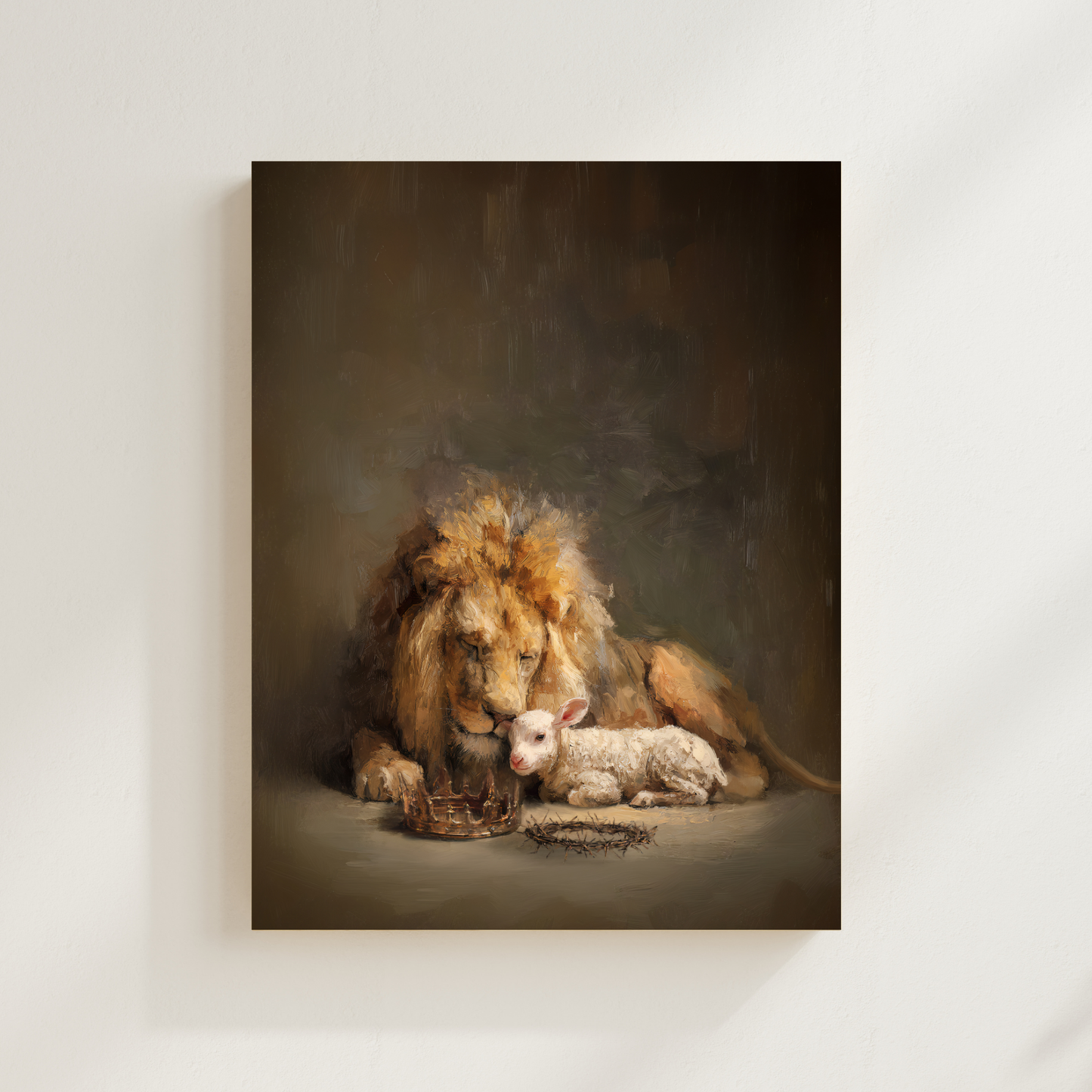Framed artwork of a lion and lamb sitting together on a plain background. Lion and The Lamb Christian wall art modern, Jesus’ strength and peace, faith-filled print.