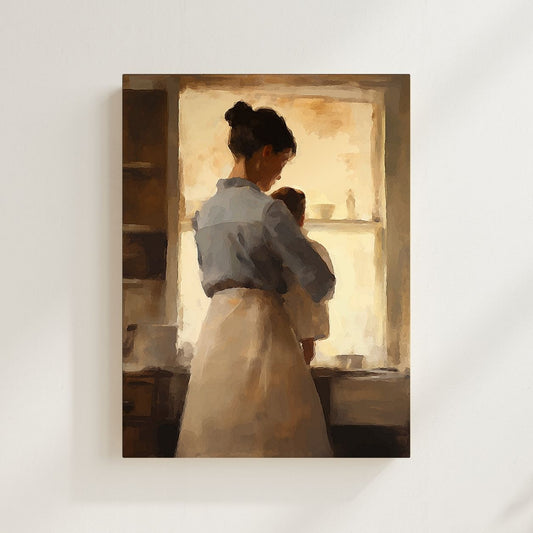 Painting of a woman and child in a kitchen setting on a white wall. Proverbs 31 Christian wall art modern celebrating virtuous womanhood, crafted with care.
