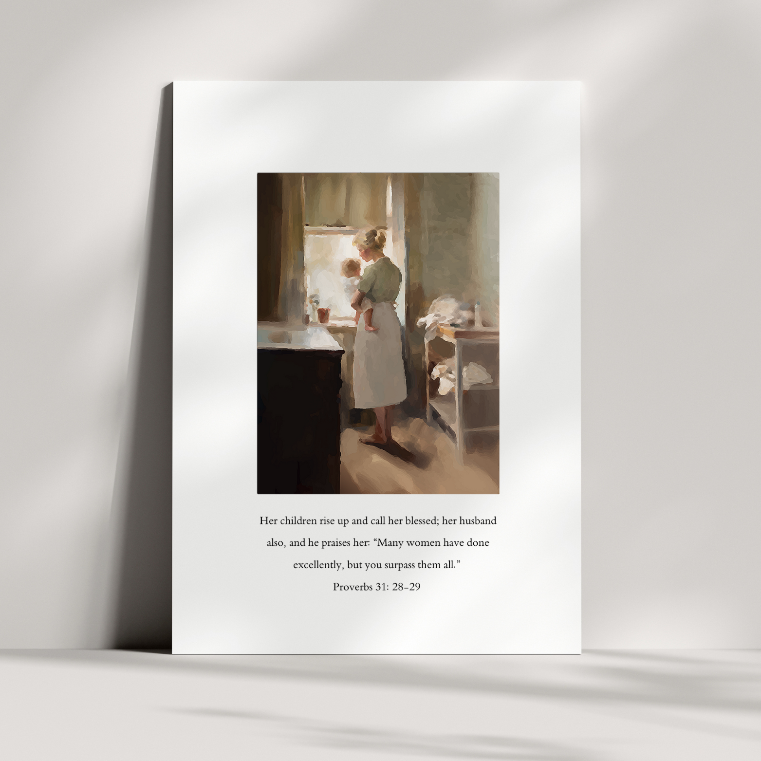 A paper print with a vintage-styled painting inspired by Proverbs 31:28-29, depicting a woman and a child, with a quote from the Bible. Proverbs 31 V2 Scripture Print modern Christian wall art, celebrating godly strength.