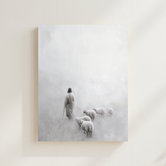 Framed artwork of a shepherd with sheep on a misty landscape. Gentle Shepherd B&W Christian art modern, Jesus’ compassion, black and white wall print.
