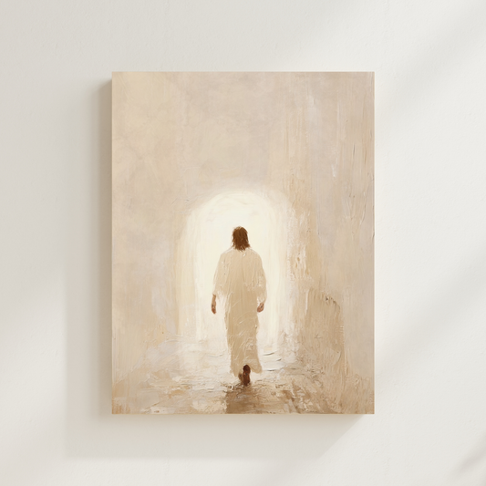 Jesus walking towards a light source in a softly lit room. Risen Christian wall art modern by Christian artist celebrating Jesus’ resurrection, faith-filled print.