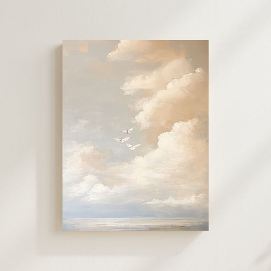 Framed artwork of a landscape with clouds on a white wall. Steadfast Love Christian wall art modern by Christian artist showing Jesus’ faithful love.