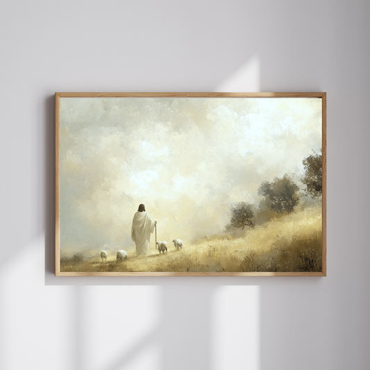 The Good Shepherd – modern Christian wall art by a Christian artist portraying Jesus as the caring Shepherd who guides His flock.