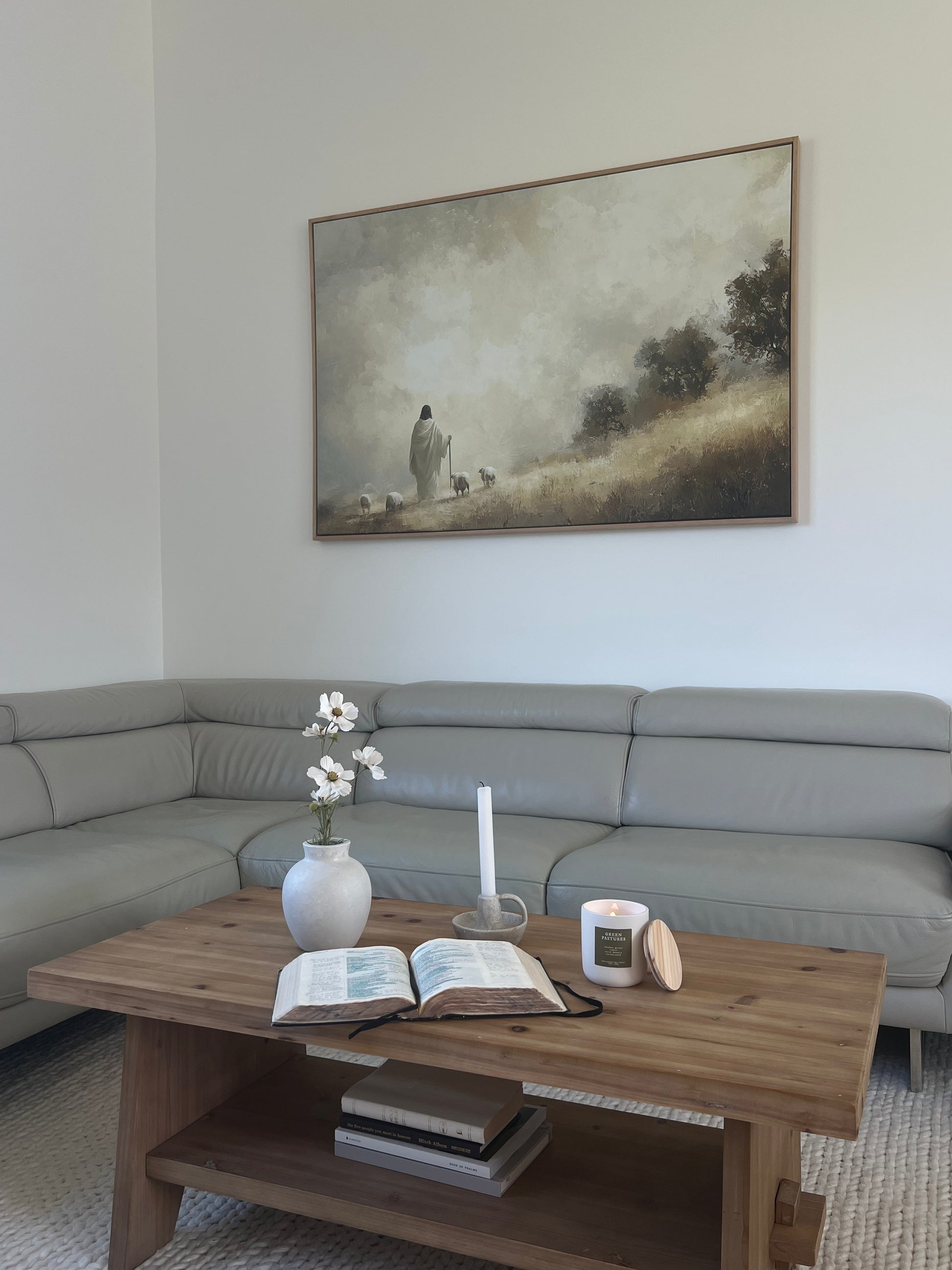 The Good Shepherd – modern Christian wall art by a Christian artist portraying Jesus as the caring Shepherd who guides His flock.