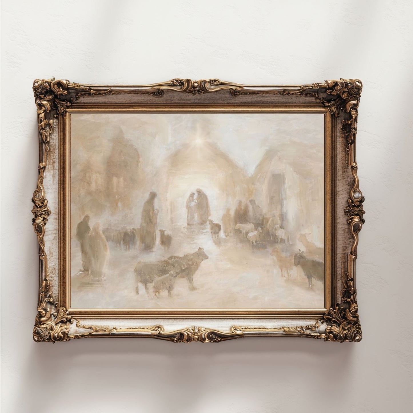 Framed painting of a pastoral scene with people and animals on a white wall. Christian Christmas artwork made by a christian artist. Nativity scene artwork.