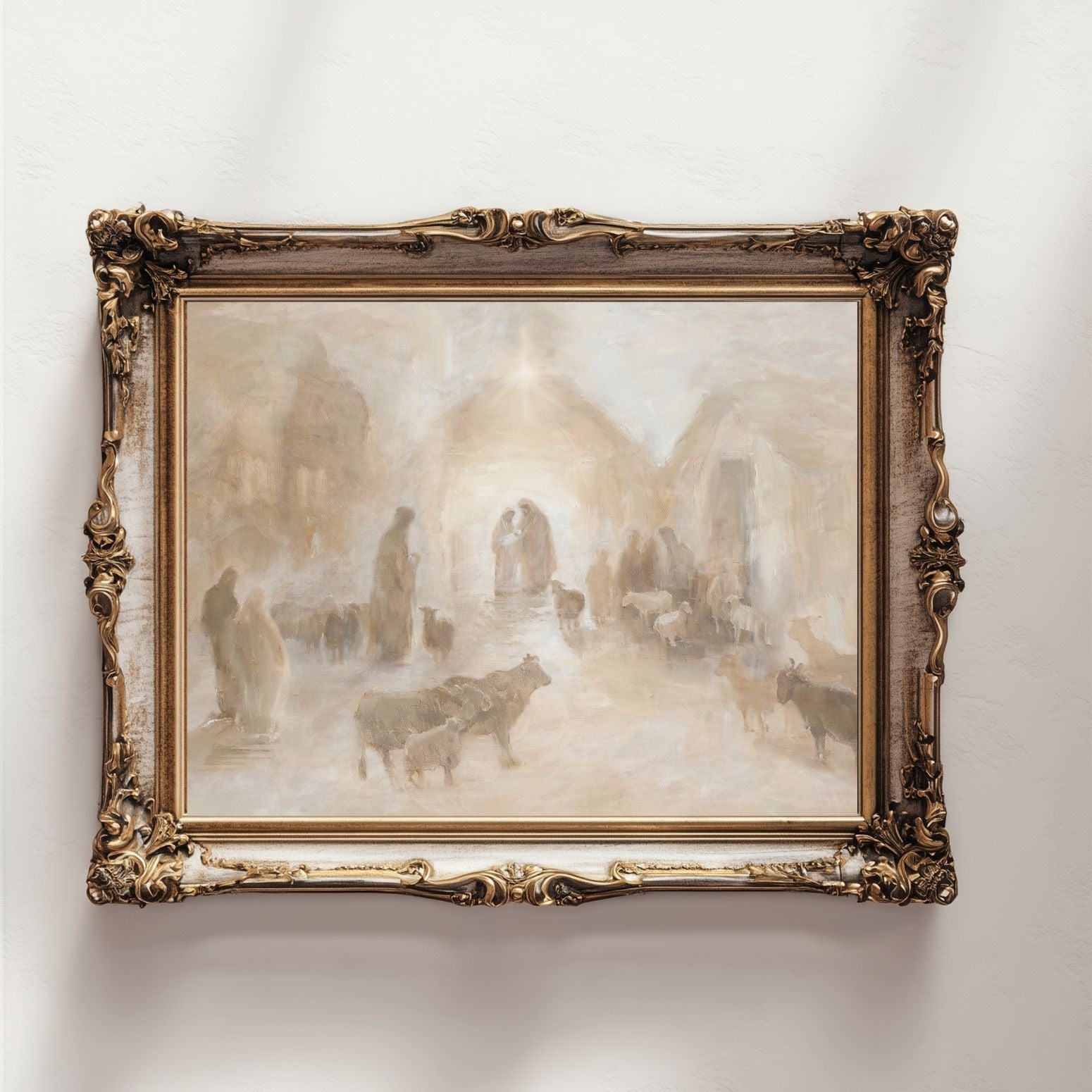 Framed painting of a pastoral scene with people and animals on a white wall. Christian Christmas artwork made by a christian artist. Nativity scene artwork.