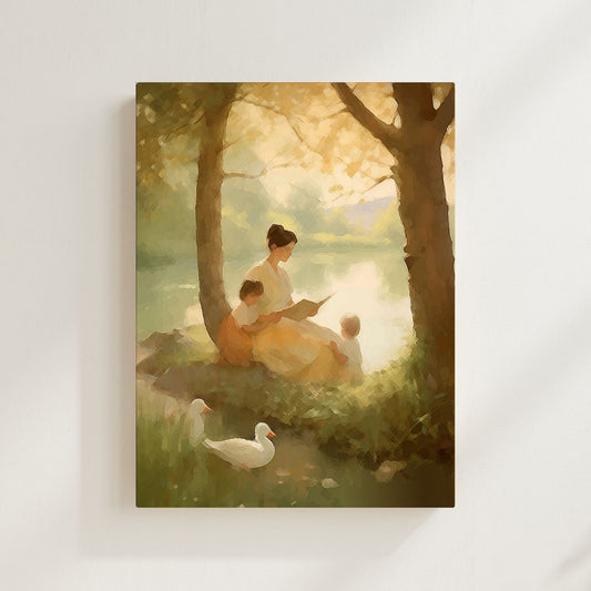 Woman reading to a child by a lake with ducks in a painting-style illustration. By the Pond Christian wall art modern by Christian artist capturing peace in God’s presence.