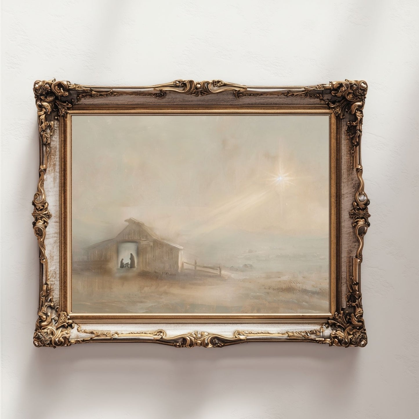 Framed painting of a barn scene on a white wall. Christian Christmas artwork made by a christian artist. Nativity scene artwork.