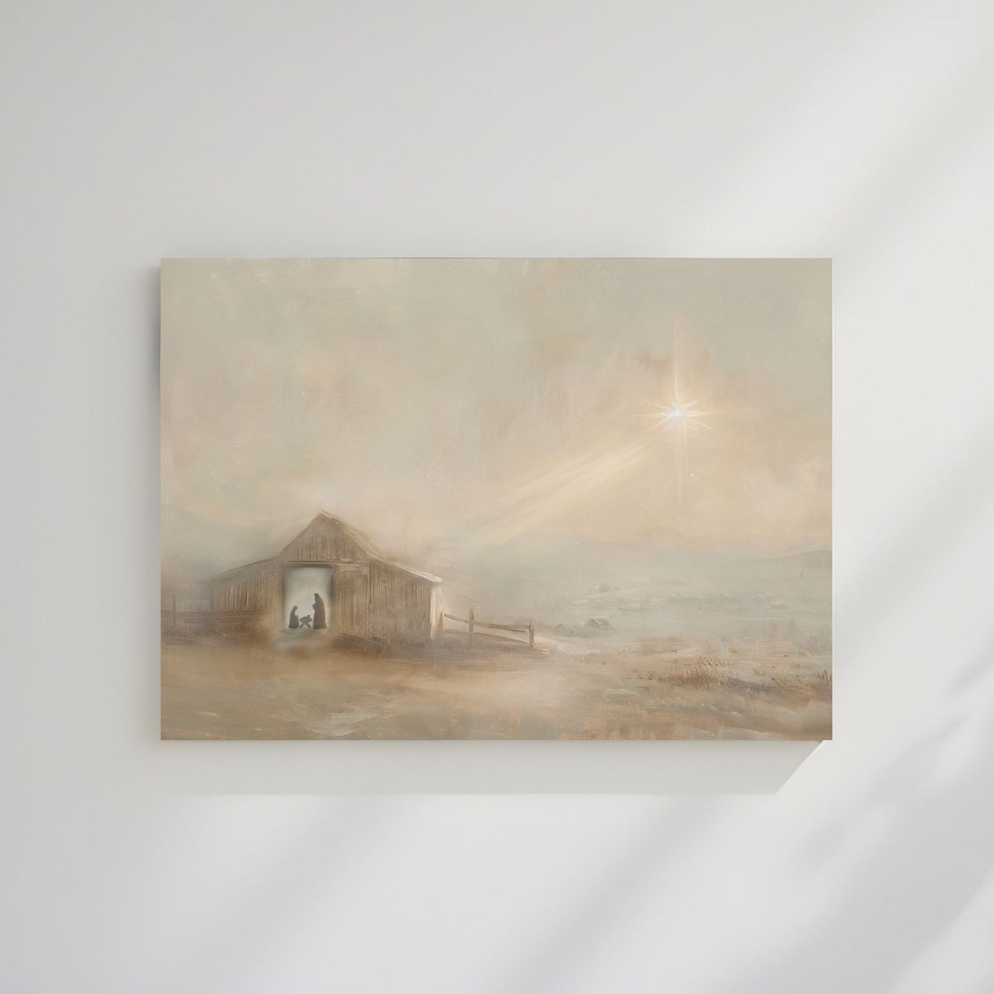 Framed artwork of a barn scene on a white wall. Christian Christmas artwork made by a christian artist. Nativity scene artwork.