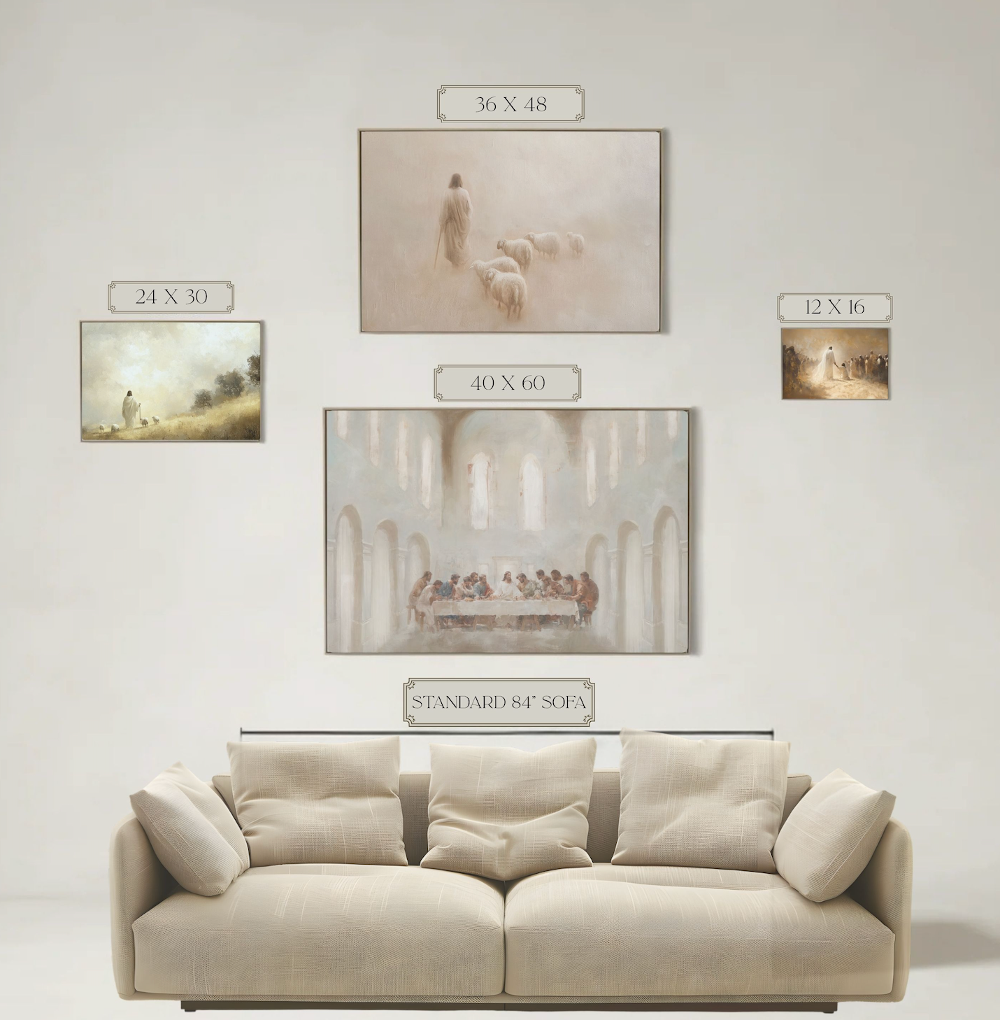 Beige sofa with wall art displaying various sizes on a light gray wall. Christian wall art size guide showing canvas and paper print dimensions for small to large frames.