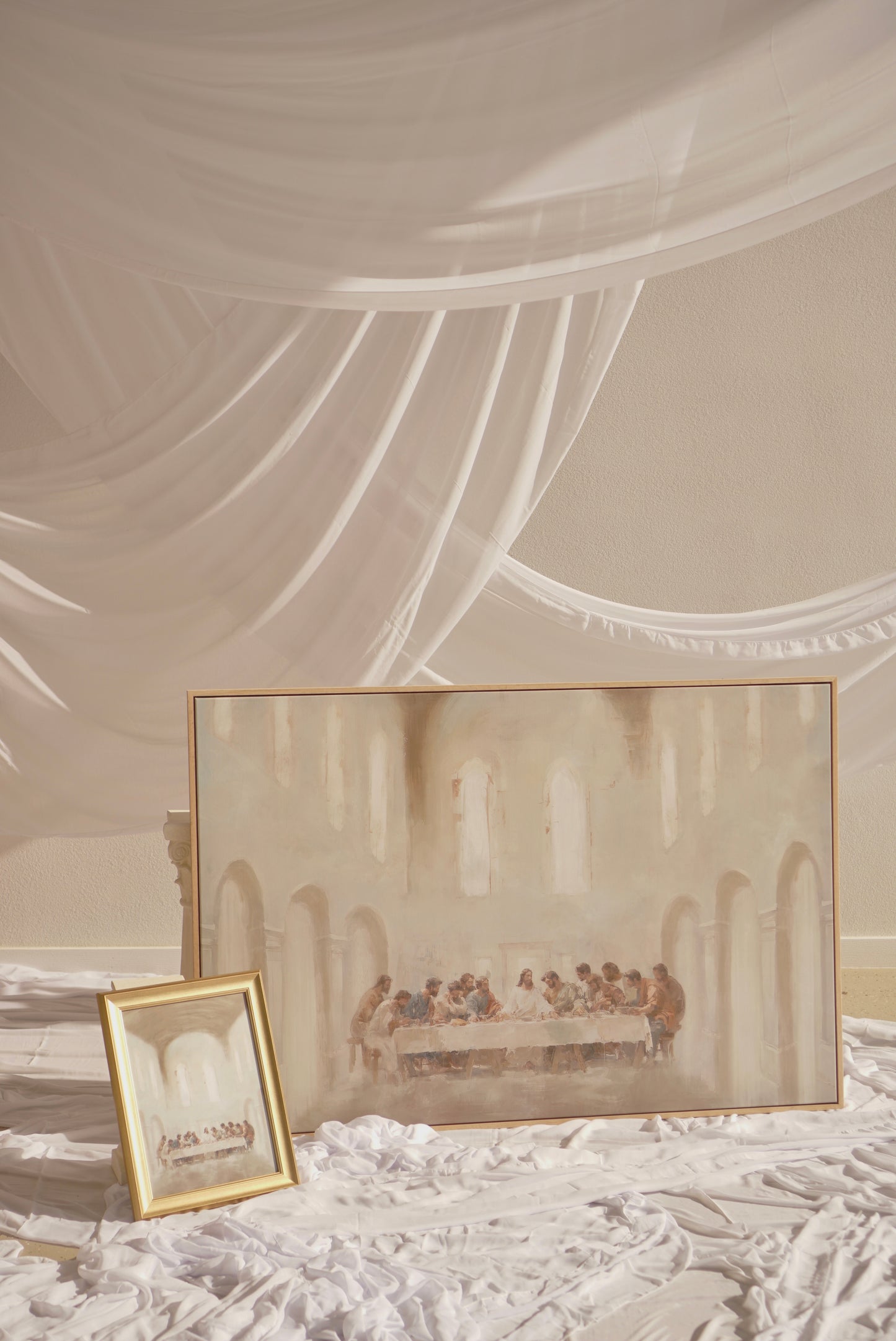 Framed artwork on a textured surface with a soft, neutral background. The Last Supper Christian wall art modern by Christian artist depicting Jesus’ final meal.