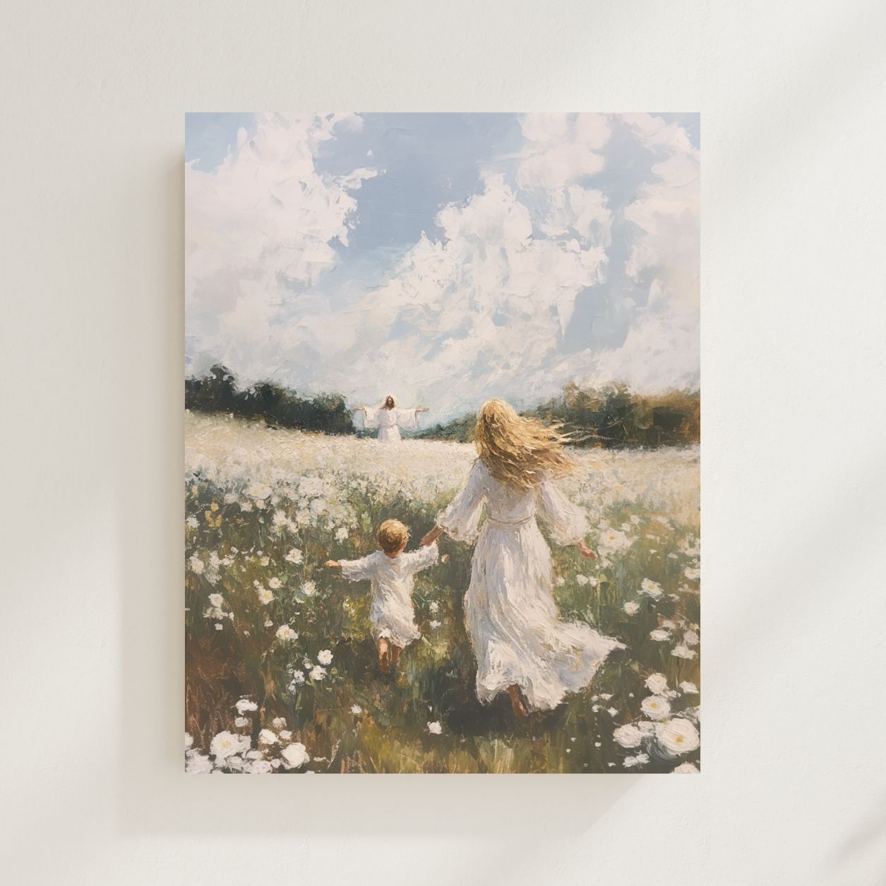 Woman and child running through a field of flowers with a blue sky. Following Him V2 Premium Print Christian wall art modern, following Jesus faithfully.