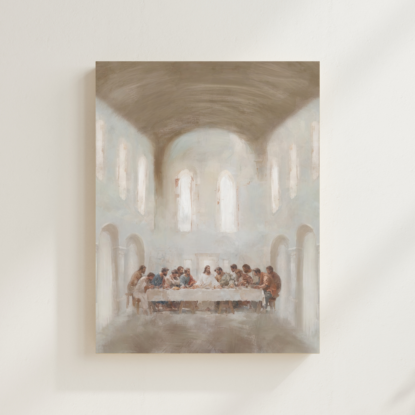 Artistic depiction of 'The Last Supper' in a church setting. The Last Supper Christian wall art modern by Christian artist depicting Jesus’ final meal.