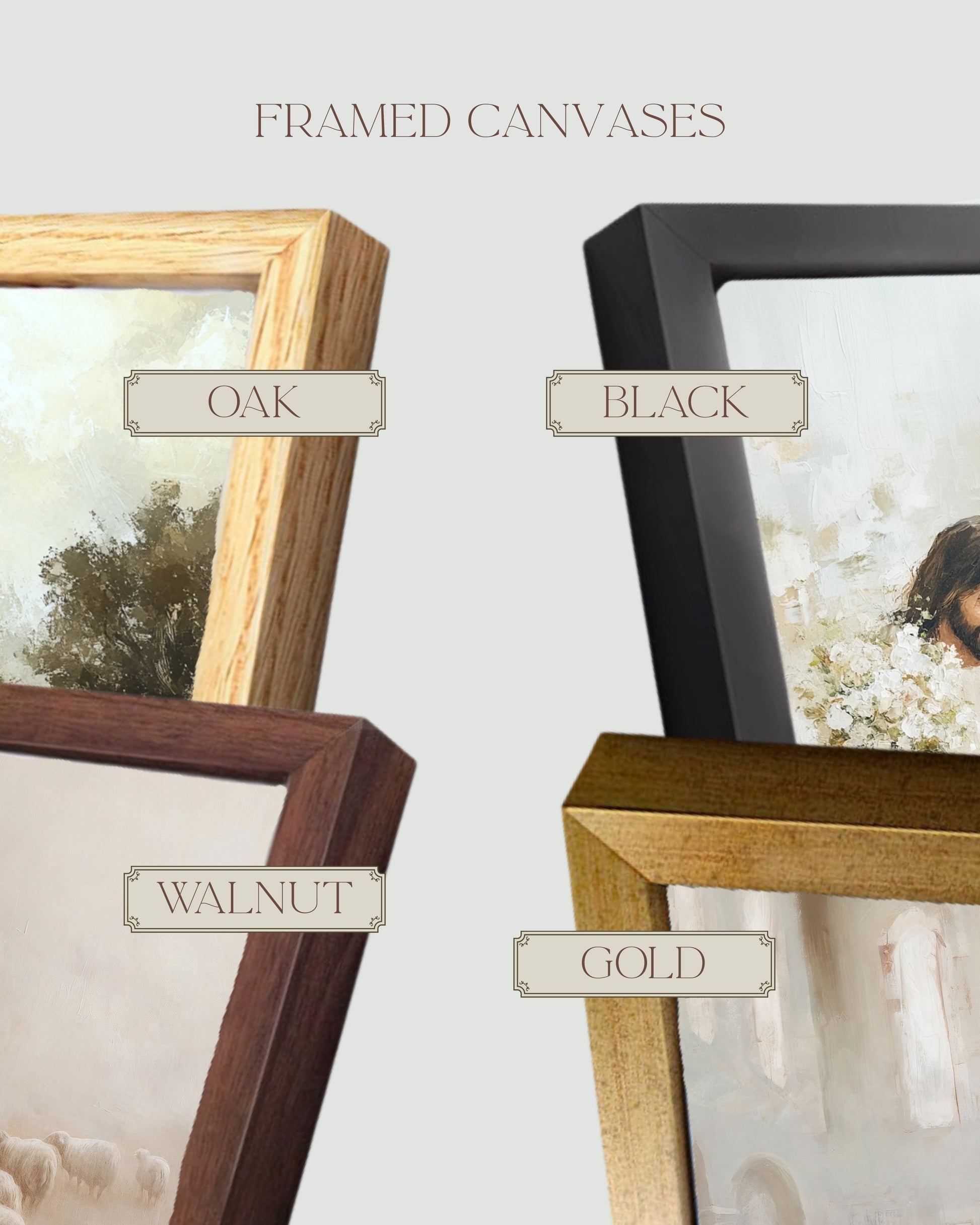 Four framed canvases in different colors with labels on a light gray background. Modern Christian wall art frame options include natural wood, black, gold, and oak finishes.