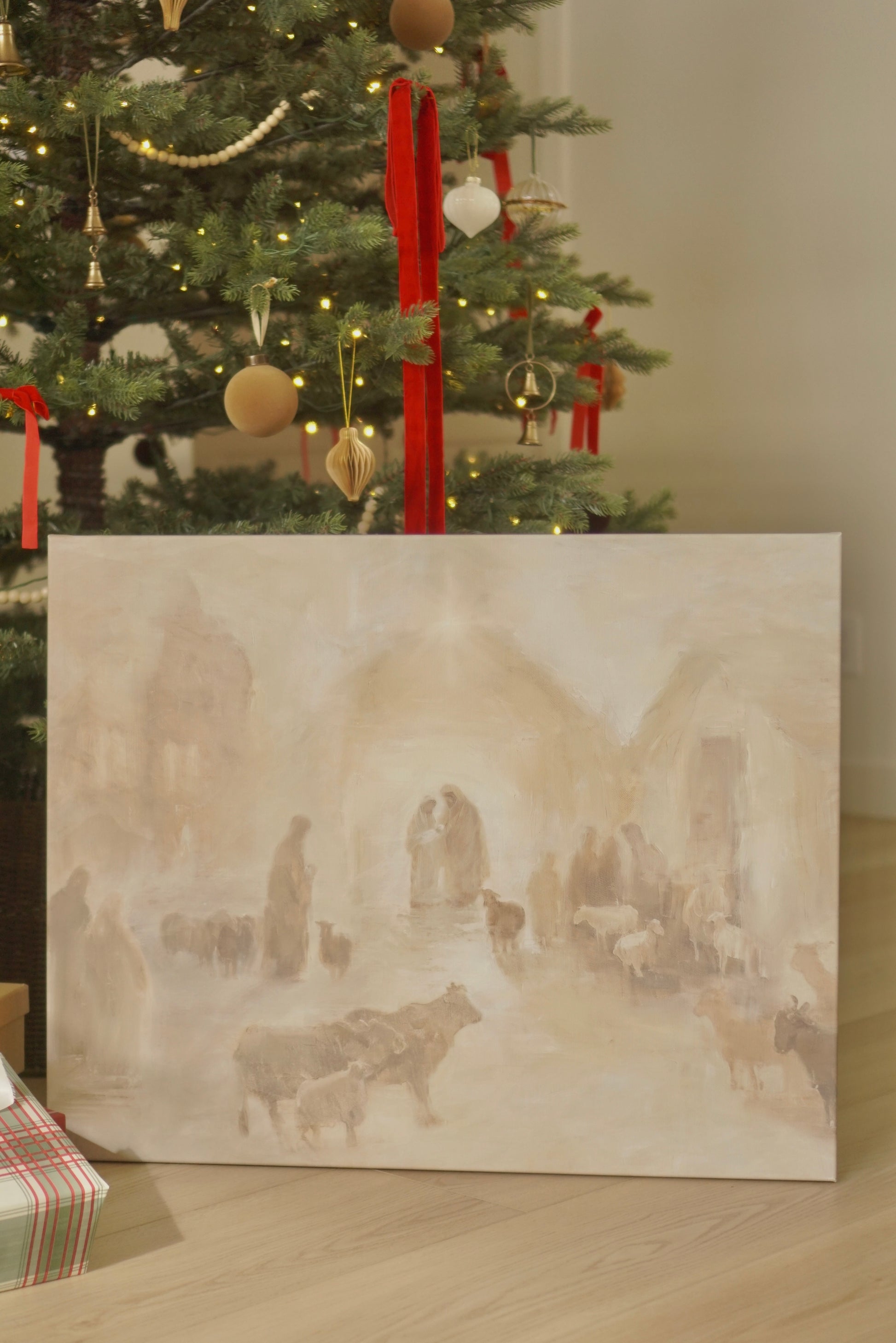 Canvas print of a historical scene in front of a decorated Christmas tree. Christian Christmas artwork made by a christian artist. Nativity scene artwork.