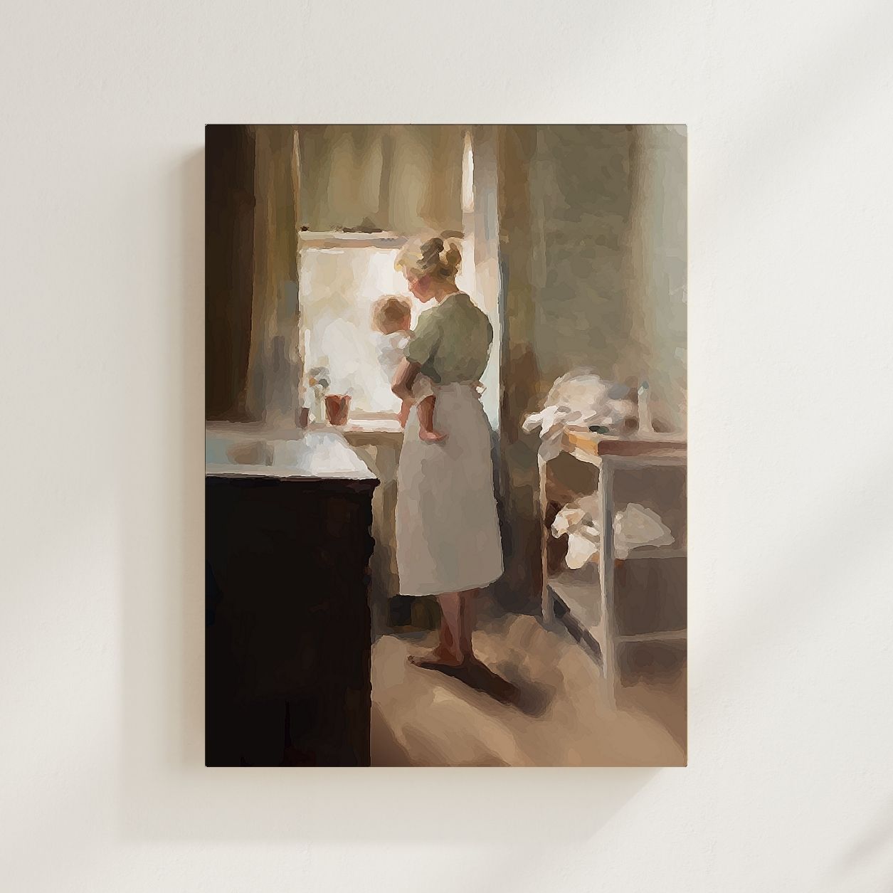 Painting of a woman holding a child in a bathroom setting. Proverbs 31 V2 Christian art modern by Christian artist honoring godly womanhood.