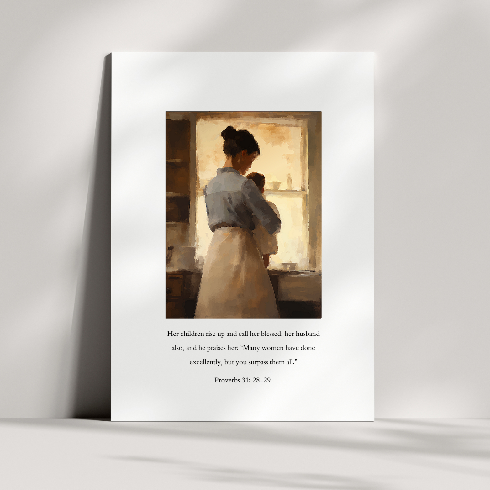 A framed print featuring a Proverbs 31-styled painting with a quote beneath it, placed against a white background. 