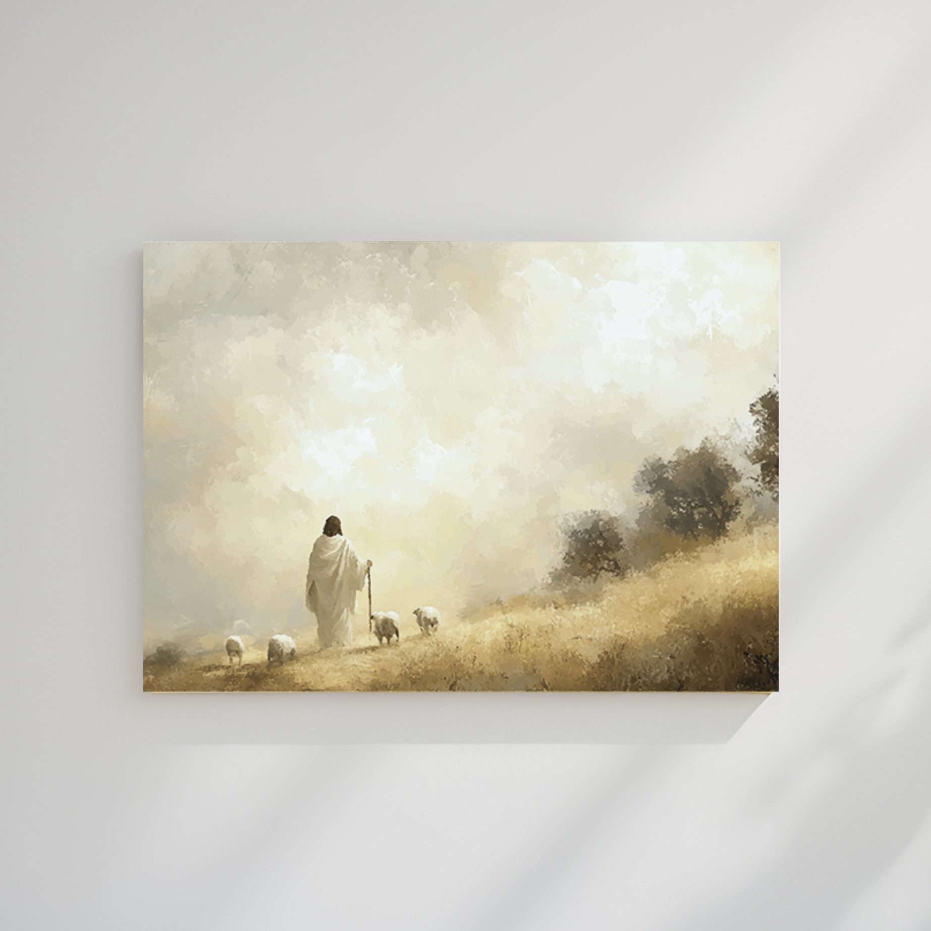 A framed print depicting a vintage-styled painting with a figure resembling Jesus走在 field with sheep, representing the Good Shepherd. The Good Shepherd Print Christian wall art modern depicting Jesus as caring Shepherd.